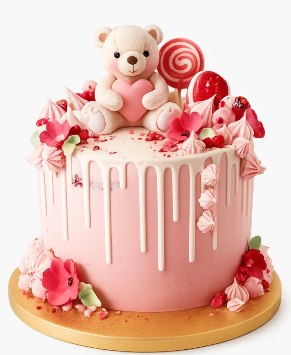 Розовый торт с зайцем и сладостями Фото