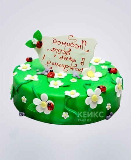 Зеленый торт с ромашками и божьими коровками Зеленый торт с ромашками и божьими коровками Фото