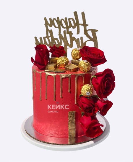 Красный торт с розами и конфетами ферреро роше Красный торт с розами и конфетами ферреро роше Фото