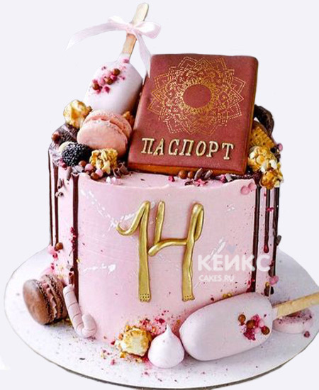 Розовый бенто торт девочке на 14 лет с паспортом и сладостями Розовый бенто торт девочке на 14 лет с паспортом и сладостями Фото