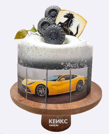 Торт феррари с фотопечатью и колесами сверху Торт феррари с фотопечатью и колесами сверху Фото