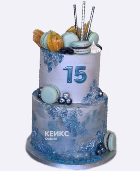 Торт мальчику на 15 лет с макарунс и голубикой Торт мальчику на 15 лет с макарунс и голубикой Фото