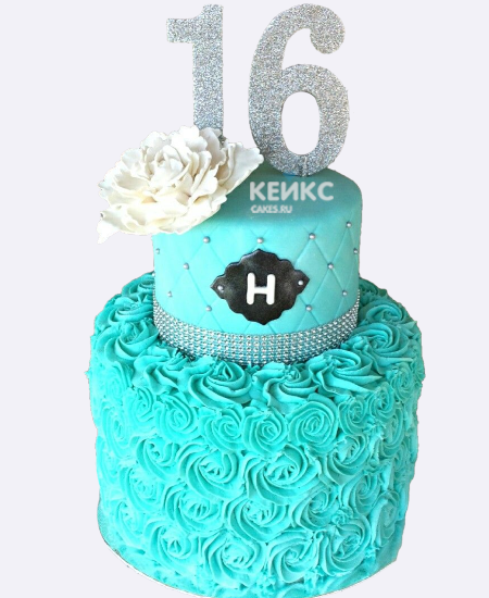 Бирюзовый торт на 16 лет девочке с белым пионом Бирюзовый торт на 16 лет девочке с белым пионом Фото