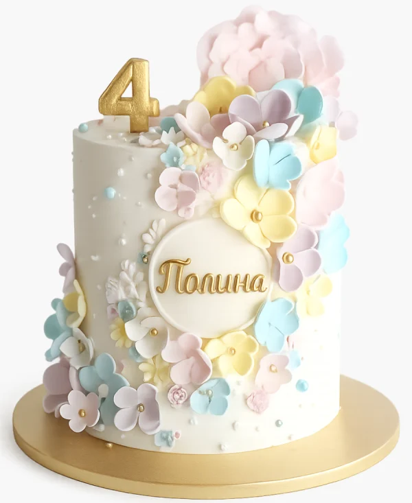 Нежный торт с цветочками и цифрой 4 Фото