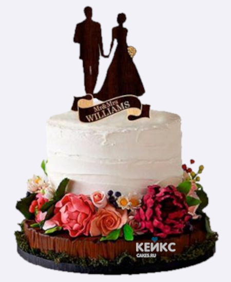 Торт на льняную свадьбу из крема с живыми цветами Торт на льняную свадьбу из крема с живыми цветами Фото
