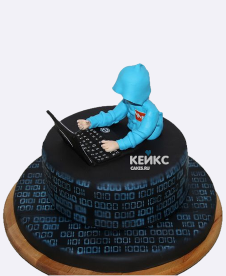 Торт программисту в черном цвете с фигуркой из мастики Торт программисту в черном цвете с фигуркой из мастики Фото