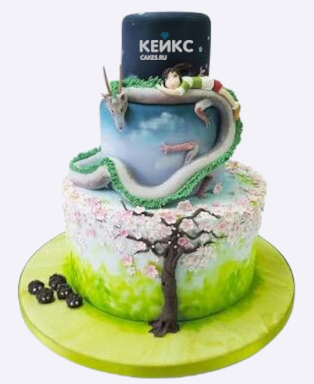 Красивый трехъярусный торт на день рождения аниме Унесенные призраками Красивый трехъярусный торт на день рождения аниме Унесенные призраками Фото