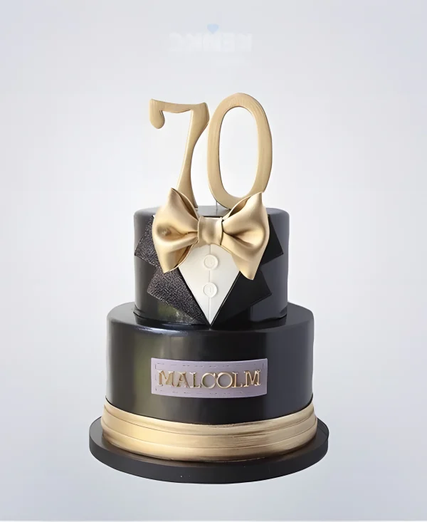 Торт на юбилей мужчине 70 лет черный костюм с бабочкой Фото