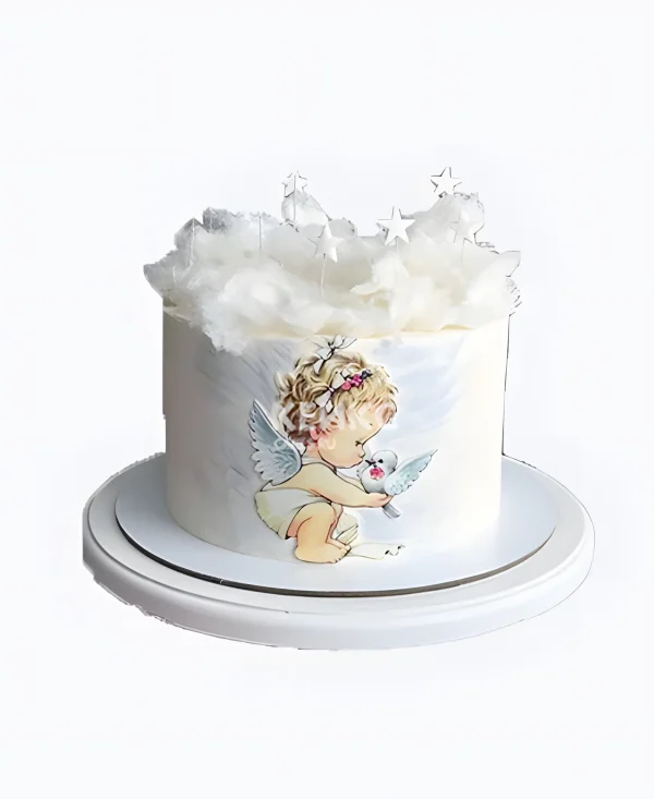 Нежно-белый торт украшенный ангелочком Фото