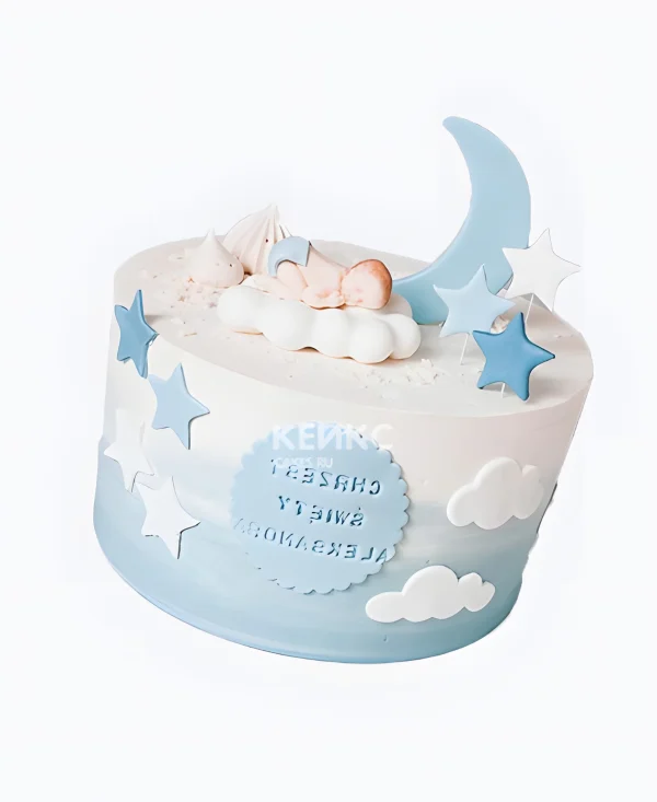 Бело-голубой торт со звездами и младенцем в облаках Фото
