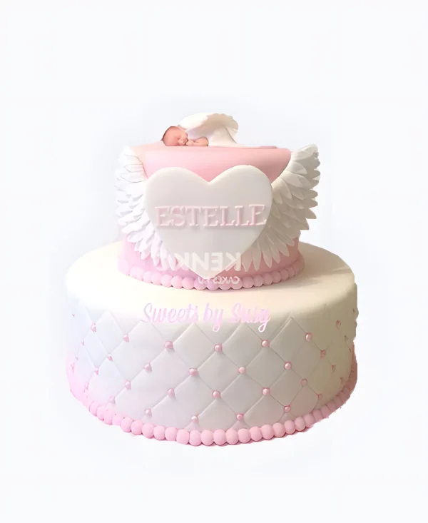 Розовый торт на крестины с ангелочком и сердцем Фото