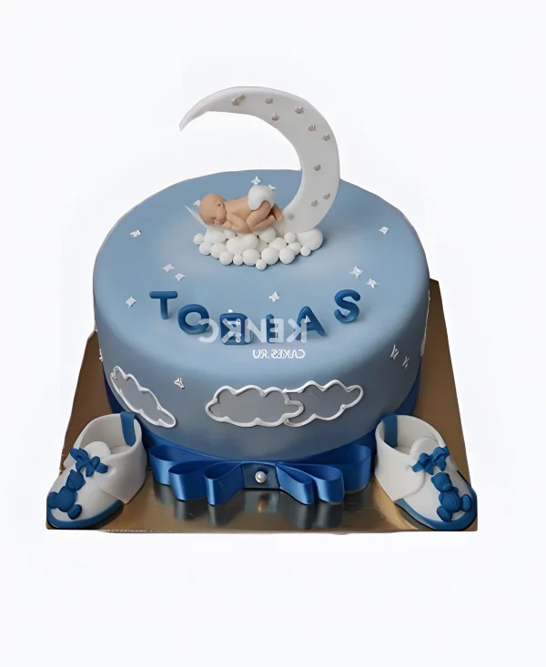 Милый синий торт с младенцем на луне Фото