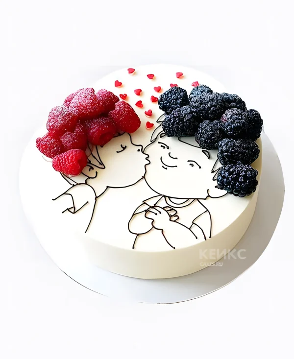 Милый бенто-торт с влюбленными и ягодами Фото