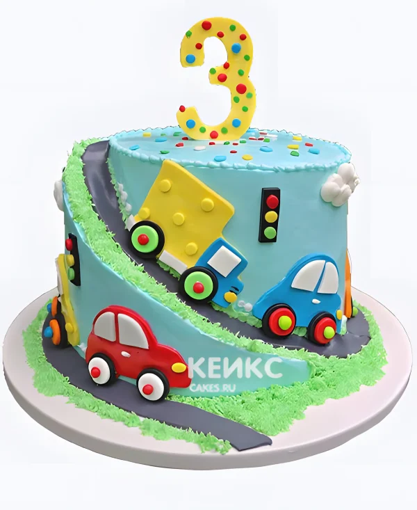Бенто торт мальчику на 3 года с машинками и цифрой Фото