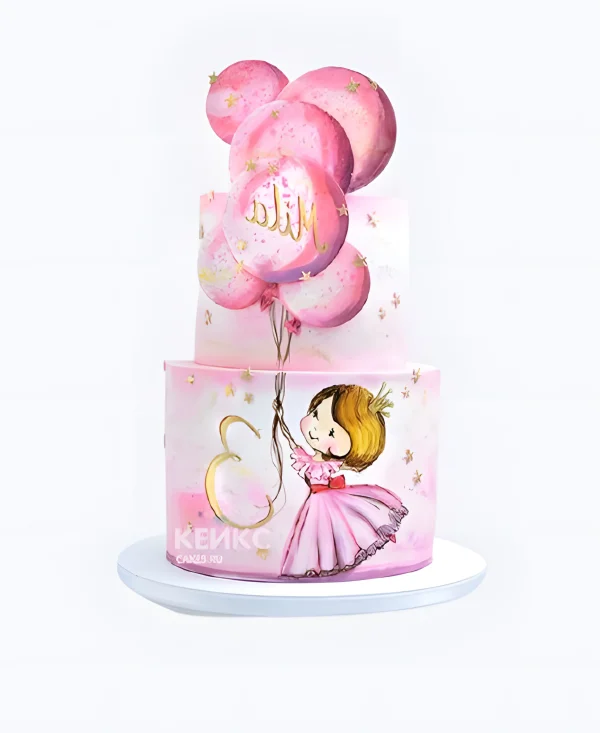 Розовый торт на 3 года девочке с рисунком Фото