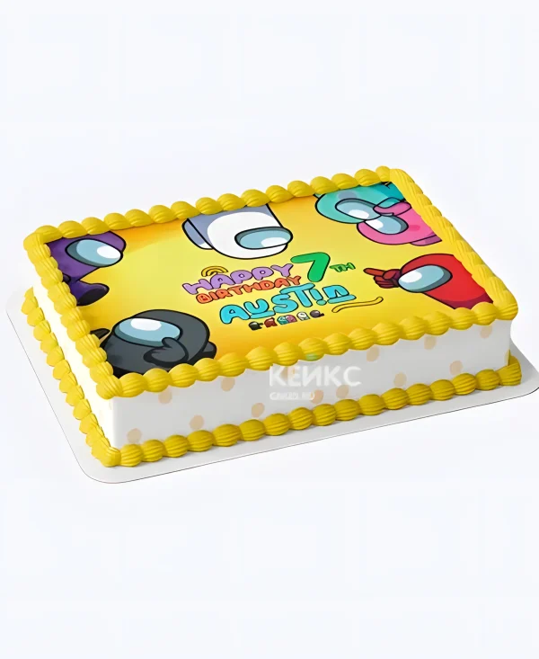 Яркий торт на день рождения 7 лет по Among Us Фото