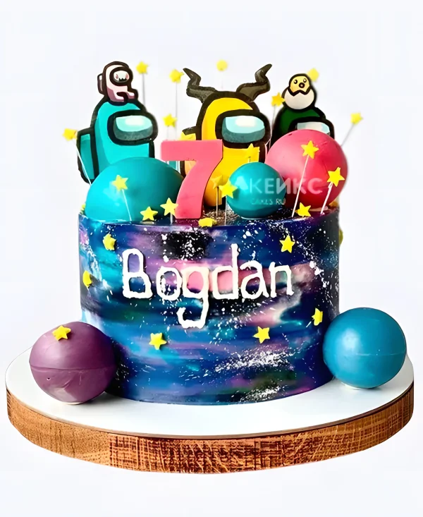 Космический торт на 7 лет с планетами по Among Us Фото