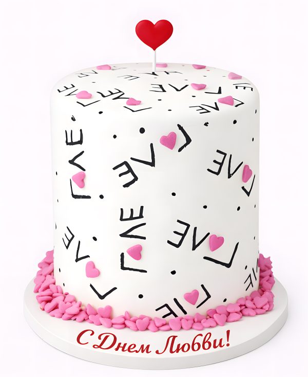 Белый торт на 14 февраля с надписями Love Фото