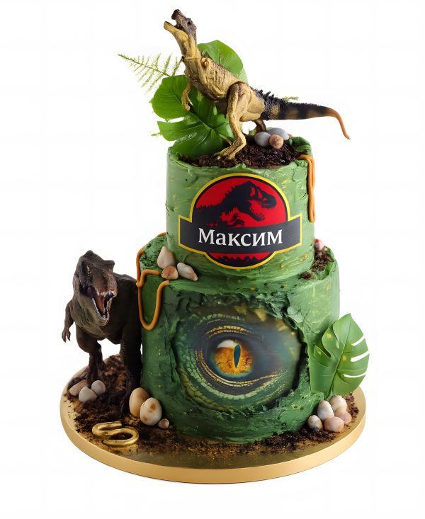 Двухъярусный торт с фигурками динозавров Фото
