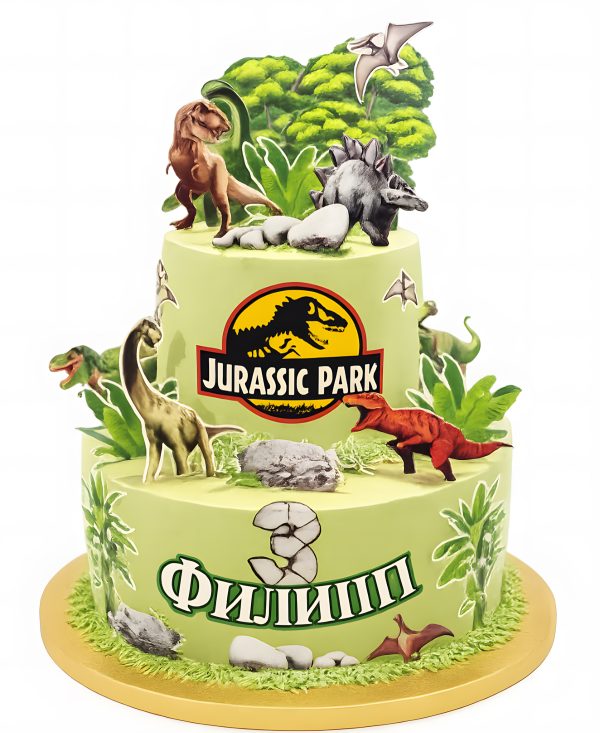Нежно зеленый торт с животными из Юрского периода Фото