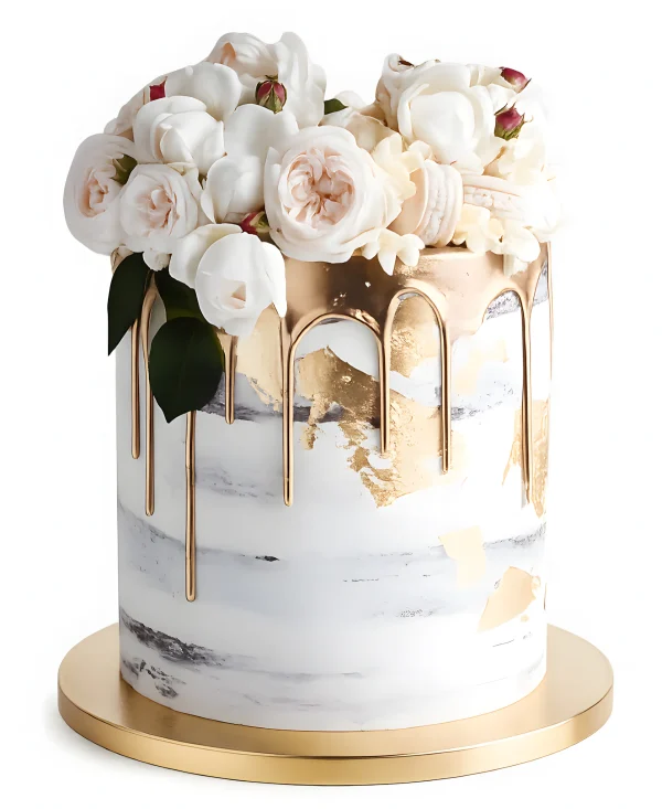 Свадебный торт с кремом, розами и золотой глазурью Фото
