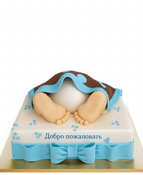 Васильковый прямоугольный торт с памперсом и бантиком Фото