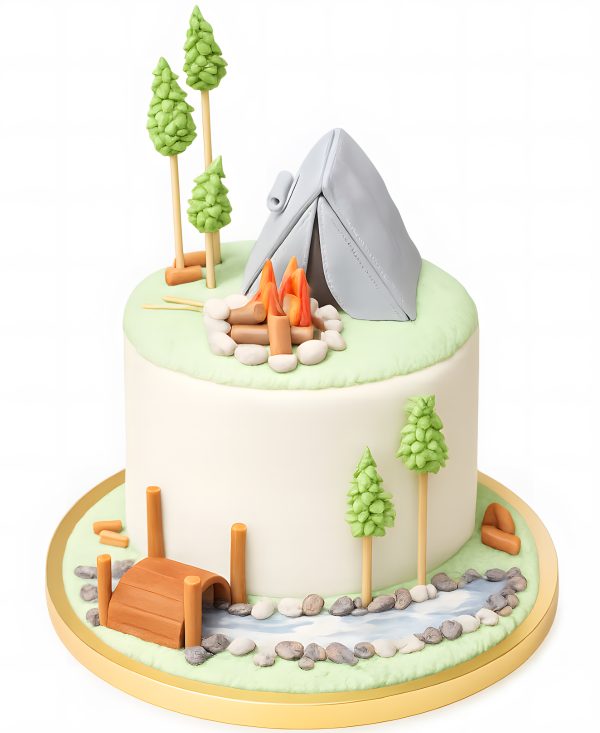 Бело-зеленый торт с мостом и палаткой Фото