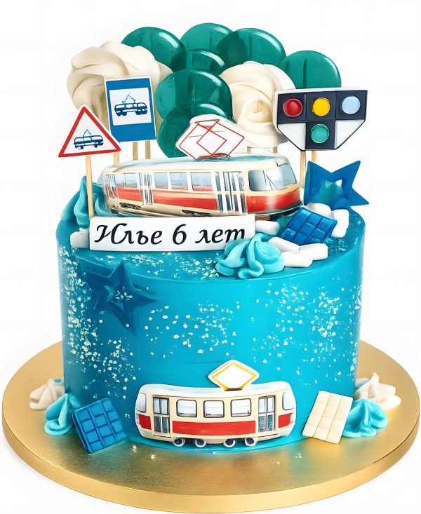 Бирюзовый торт на 6 лет с фотопечатью трамвая Фото