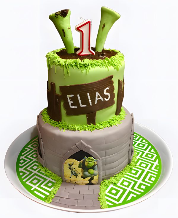 Двухъярусный торт в стиле мультфильма Шрек Фото