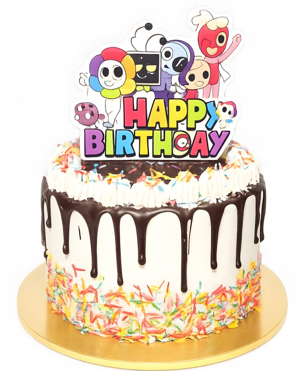 Минималистичный торт с фотопечатью и шоколадными подтеками Фото