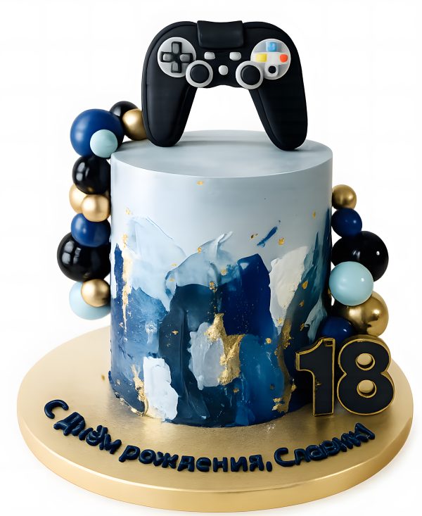 Синий торт с фигуркой джойстика Фото