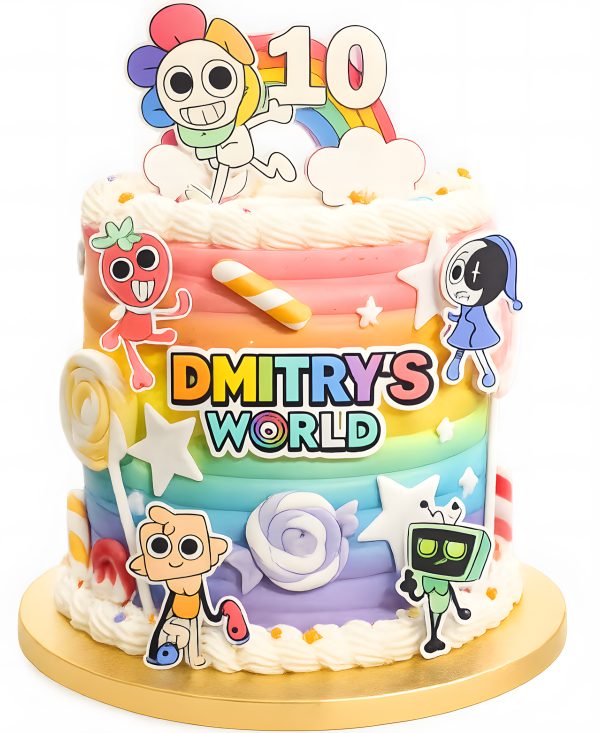 Торт на 10 лет с радугой и кремовыми каемочками Фото