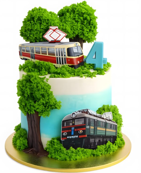 Торт с деревьями и трамваем Фото