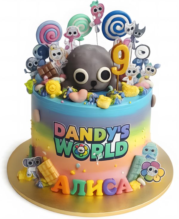 Торт с персонажами Денди Ворлд и мастичными леденцами на 9 лет Фото