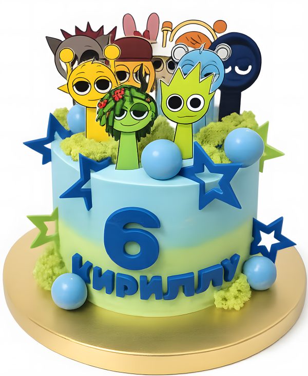 Торт с звездами и фотопечатями на 6 лет Фото