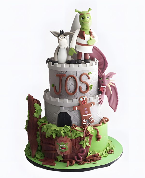 Трехъярусный торт с фигурками Шрека и осла Фото