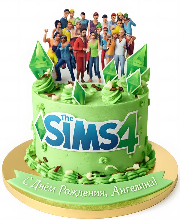 Зеленый торт с персонажами Симс4 Фото