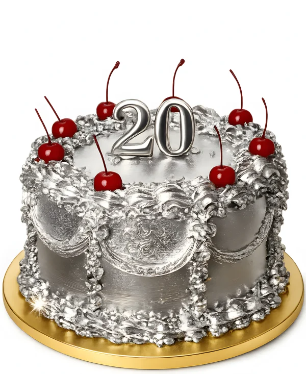 Блестящий торт на 20 лет с коктейльной вишней Фото