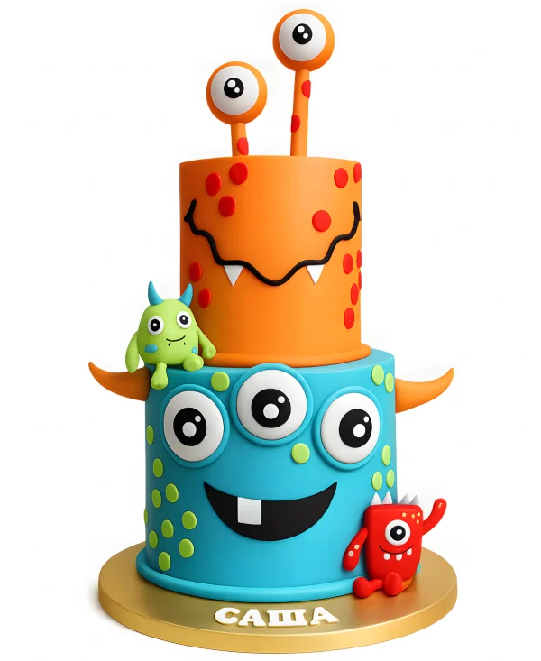 Двухъярусный торт из мастики с монстриками Фото