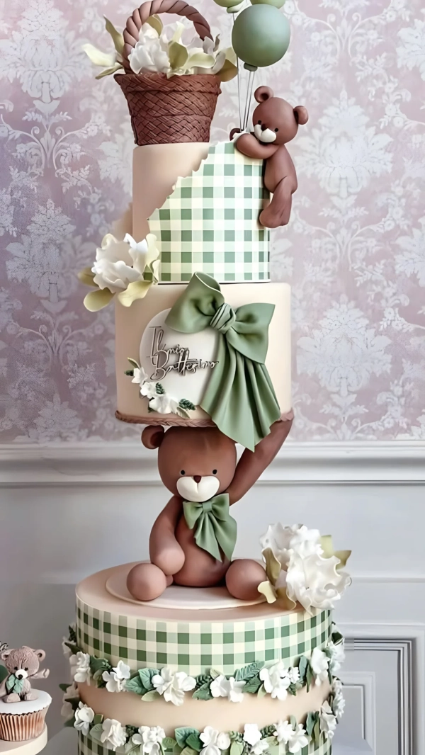 Детский торт с медведями и корзинкой Фото