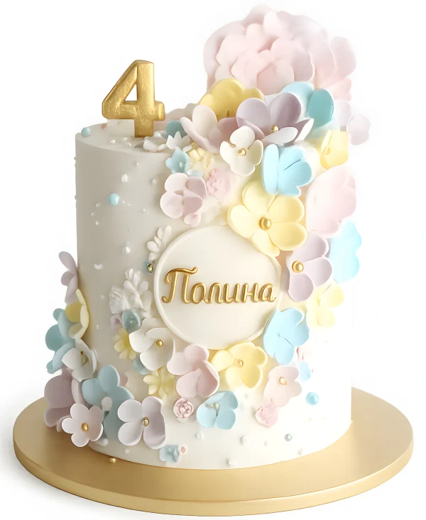 Нежный торт с цветочками и цифрой 4 Фото