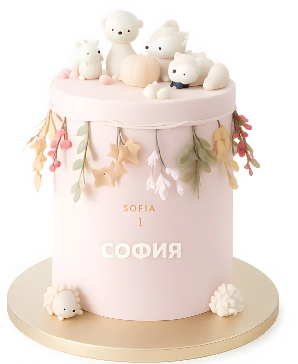 Нежный торт в виде коробочки с фигурками животных Фото