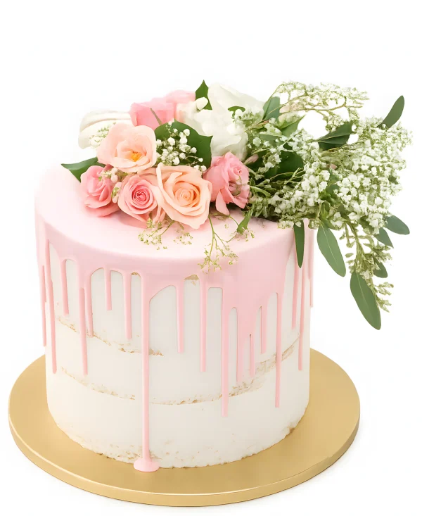 Белый торт с розовыми подтёками и живыми розами Фото