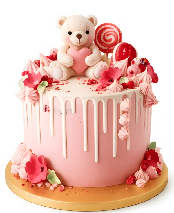 Розовый торт с зайцем и сладостями Фото