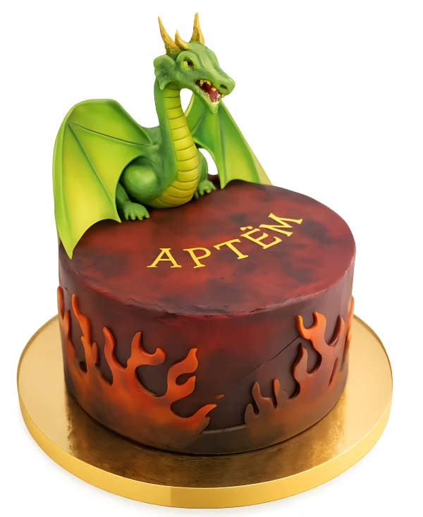 Огненный торт с зеленым драконом Фото