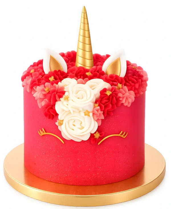 Красный торт с золотистым единорогом Фото