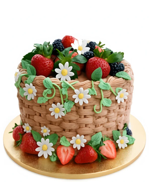 Торт корзина с фруктами, ягодами и белыми цветами Фото