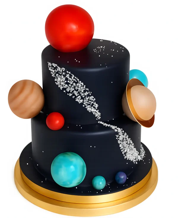 Черный торт с яркими планетами Фото
