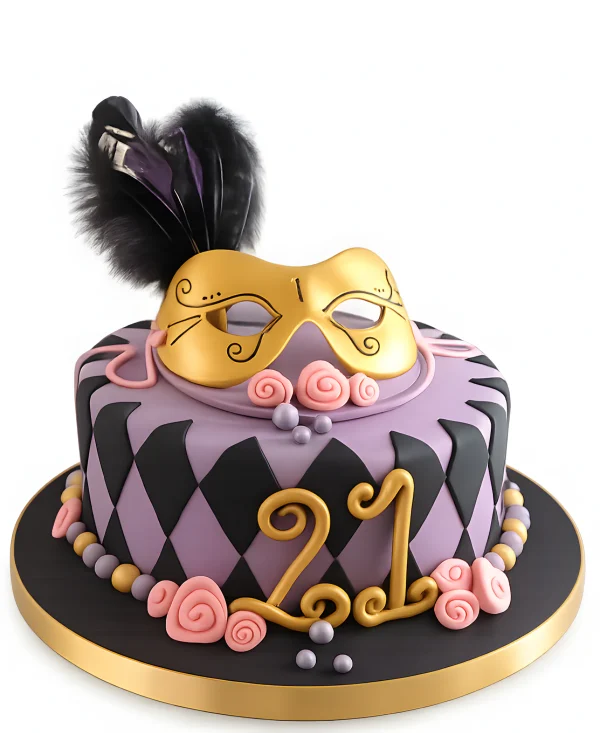 Торт желтая маска с перьями Фото