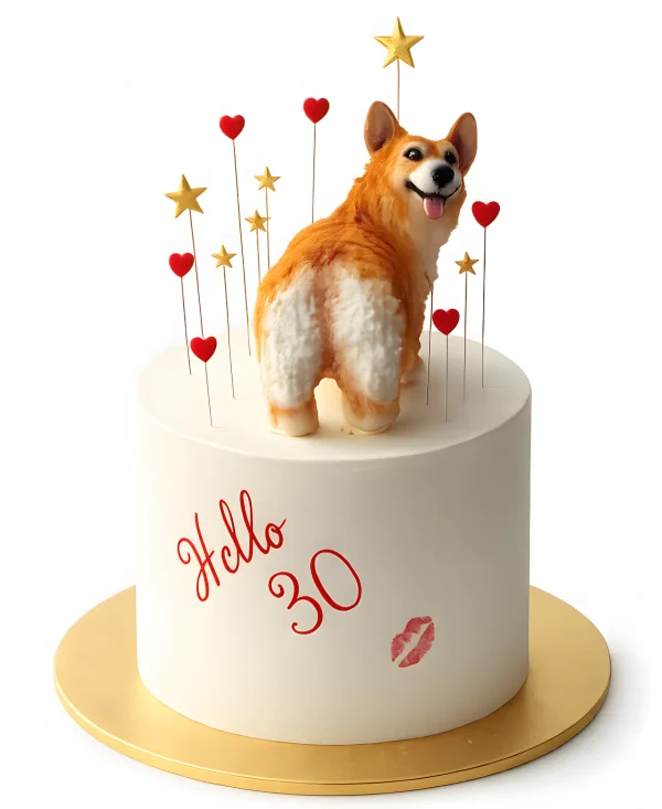 Торт на 30 лет с фигуркой корги и звёздами Фото